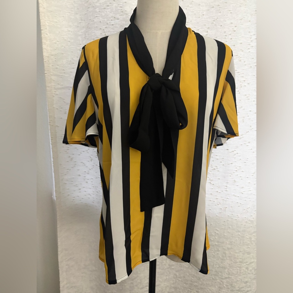 NWT New York & Company Yellow and Black Striped Blouse Size S